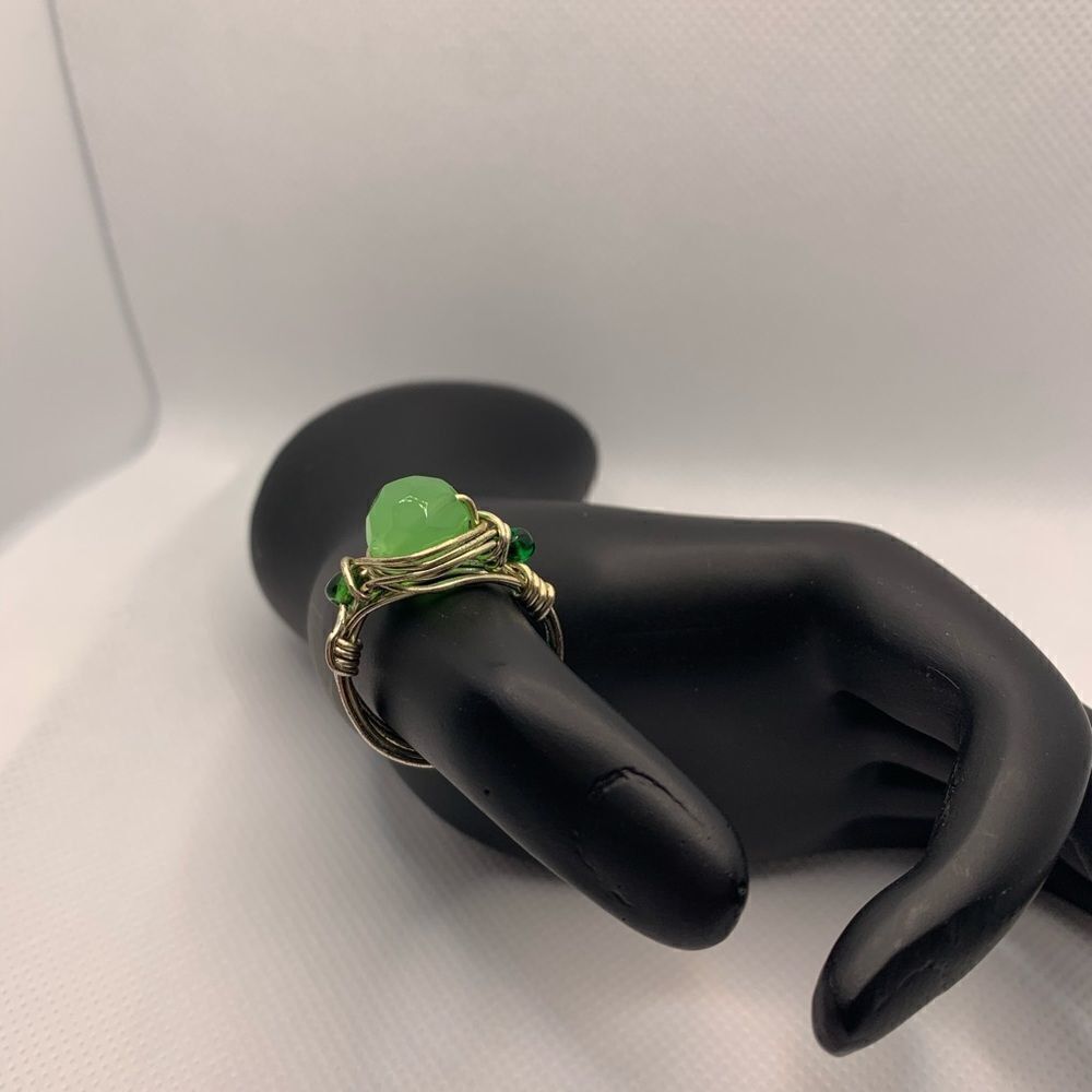Green Glass Bead Wire Wrap Ring